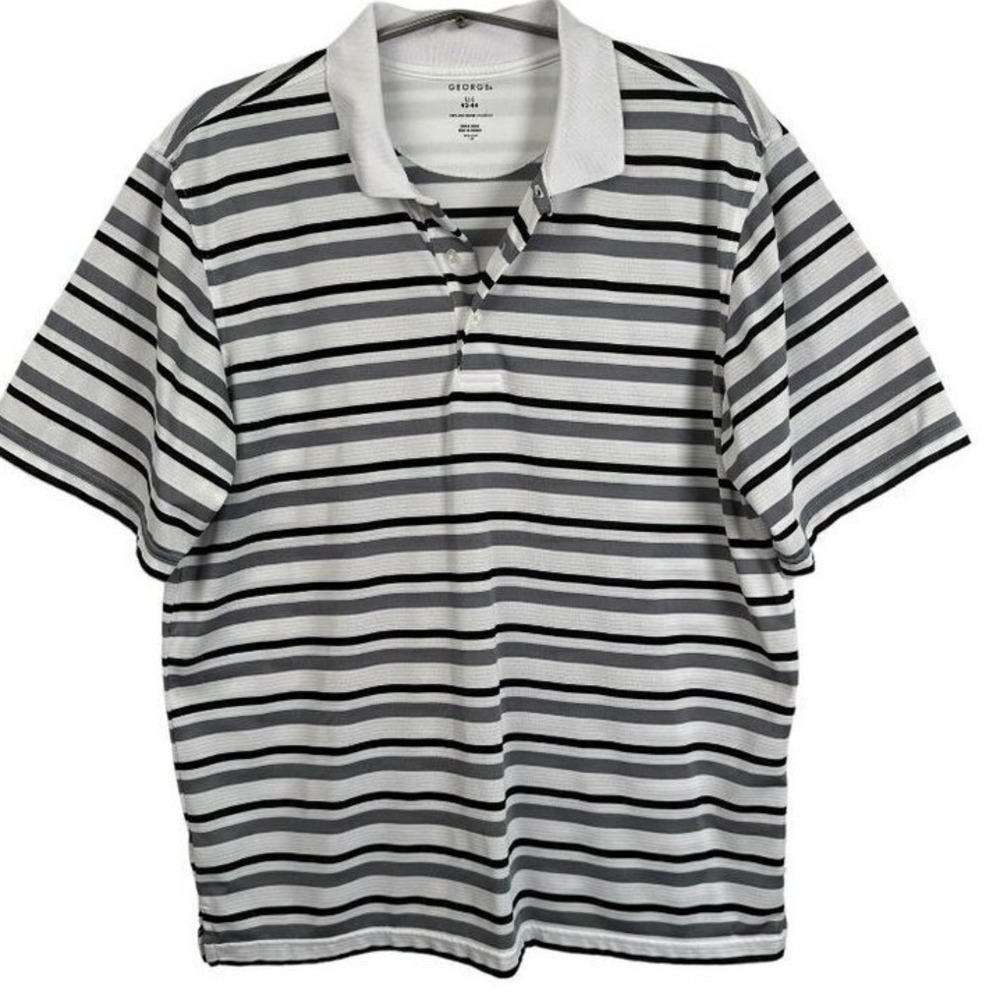 George Mens Large Striped Polo White Grey Black‎ Short Sleeve Casual L 42-44